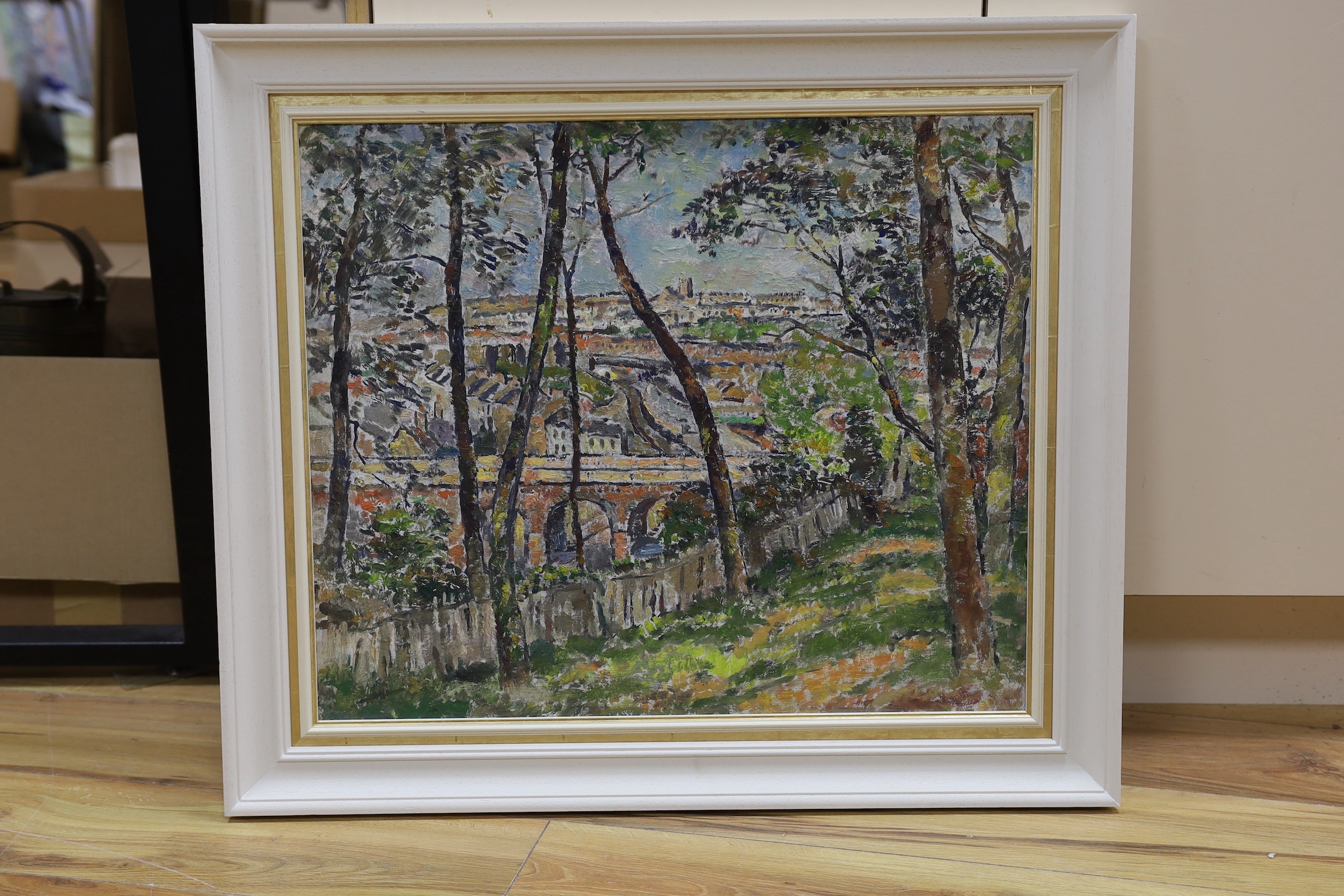 Vincent Lines (1909-1968), oil on board, View over Linton Road, Hastings, label verso, 50 x 60cm